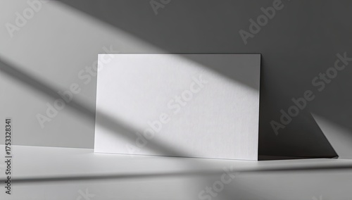 A white, blank rectangular surface, propped against a gray backdrop, with angled shadows