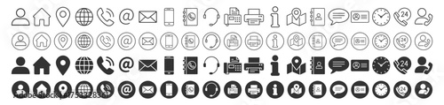 Contact information icon set. Business card and website icons. Black contact symbols – phone, mail, fax, info, support. Vector illustration on transparent background
