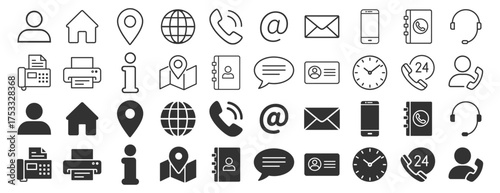 Contact information icon set. Business card and website icons. Black contact symbols – phone, mail, fax, info, support. Vector illustration on transparent background