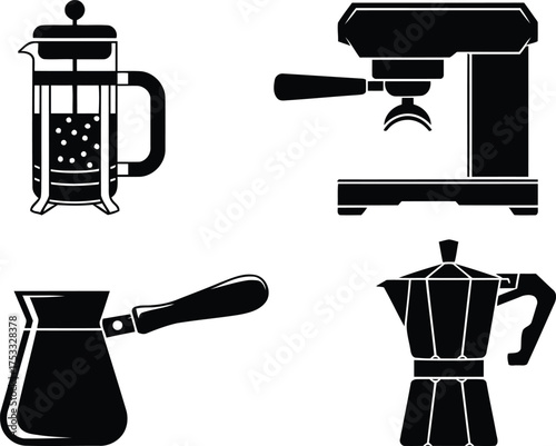 Diverse Coffee Brewing Methods Illustrated A Collection of Classic Coffee Makers and Modern Espresso Machines for Coffee Connoisseurs