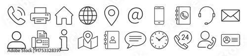 Contact icons set. Business and communication icon set. Phone, mail, location, chat, support and contact symbols for web and print. Thin line vector illustration on transparent background