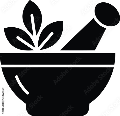 Apothecary Vessel with Herb Leaves and Pestle, Representing Holistic Medicine Practices and Natural Healing Elements in Traditional Herbal Remedies and Alternative Medicine