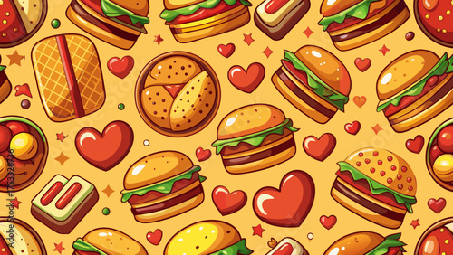 Seamless vector pattern illustration featuring hamburgers, hotdogs and heart icons on orange background, representing love for fast food