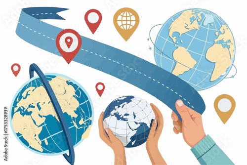Illustration of globes with continents, hands holding a globe, road and location markers around it