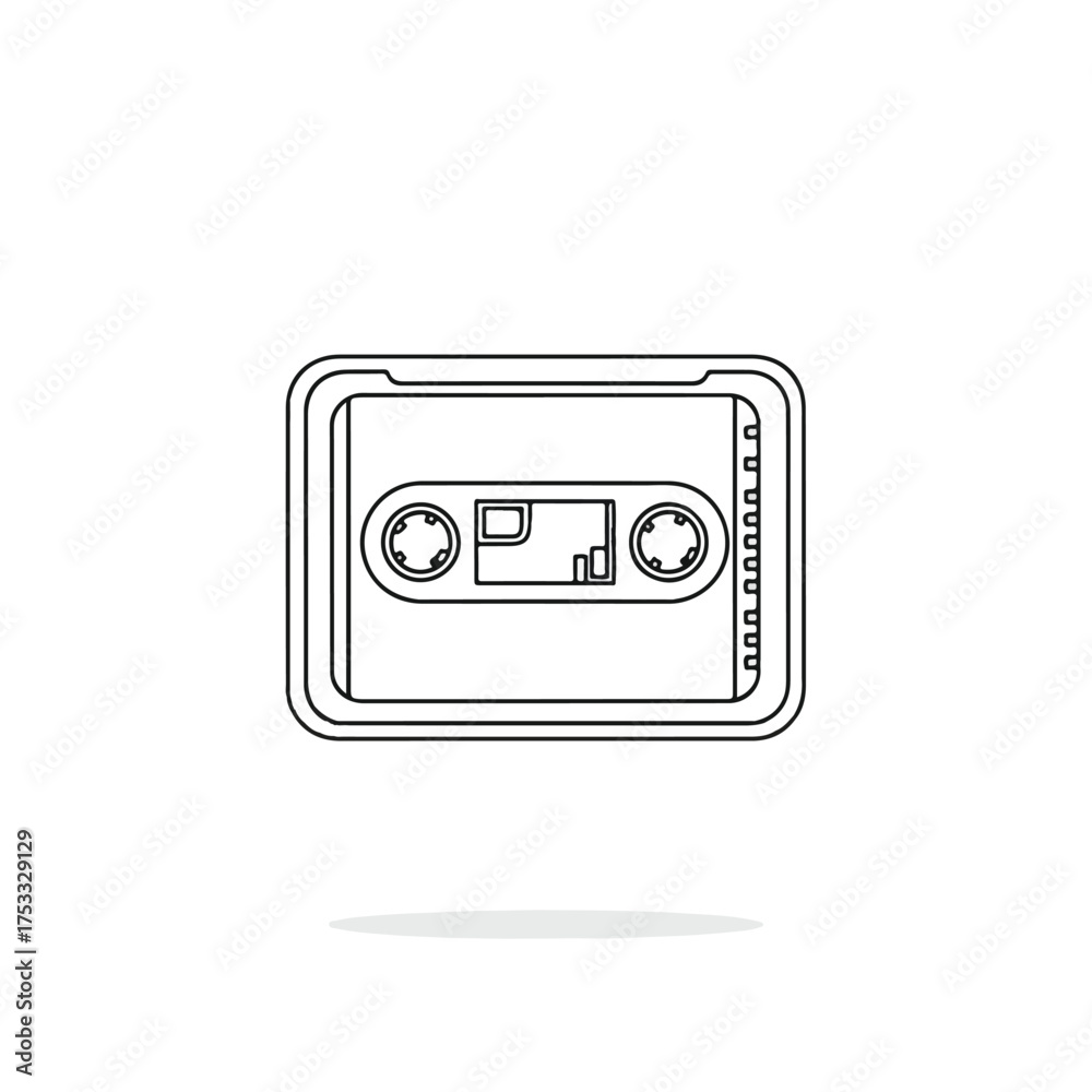 Fototapeta premium A simple line drawing of a cassette tape in a protective case against a clean white background with a subtle shadow effect.