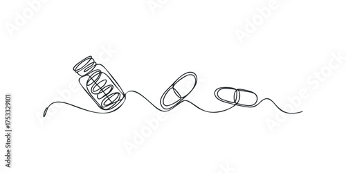 Minimalist line drawing of medication bottle and pills