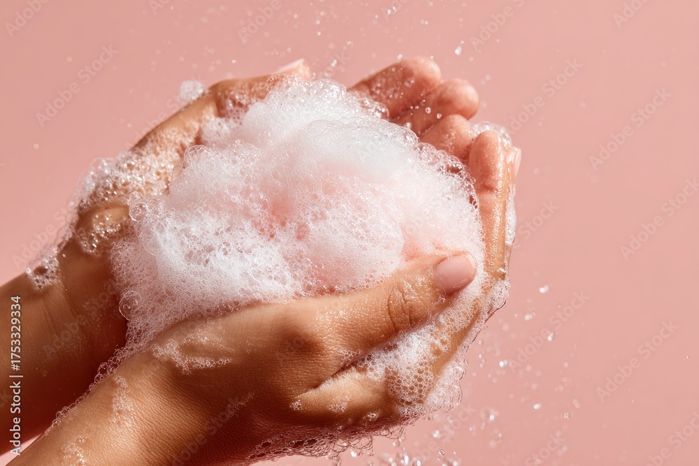 Fototapeta premium Close-up shows hands cupped, holding pink soap with foamy bubbles on a pastel background