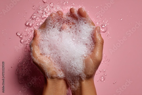 Hands cradling foamy soap bubbles against a pink background, suggesting hygiene and cleanliness