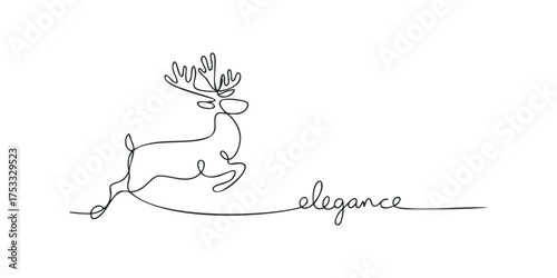 One line drawing of a leaping reindeer with the word elegance