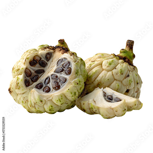 Exotic custard apple fruit sliced open revealing sweet white flesh and dark seeds perfect for healthy eating and culinary inspiration