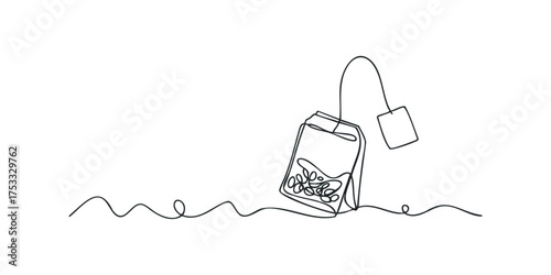 Single line drawing of a tea bag with loose leaves
