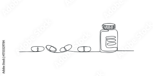 Continuous line drawing of a pill bottle and capsules