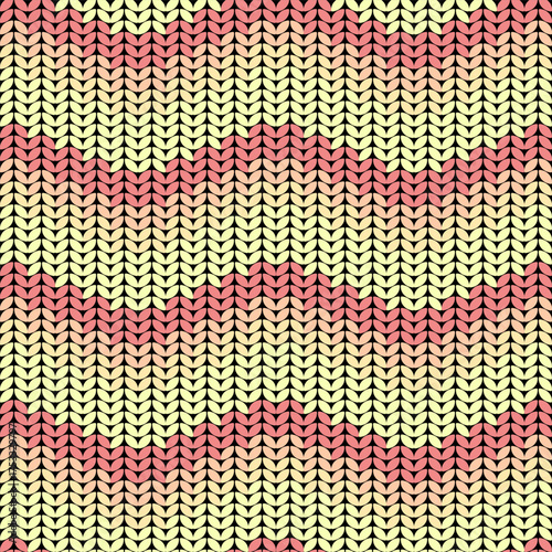 Vector illustration of a seamless knitted fabric texture featuring a pink and yellow chevron zigzag pattern for background or wallpaper