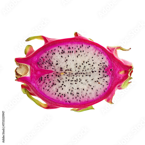 Vibrant cut dragon fruit showcases its striking pink exterior and speckled white flesh, perfect for healthy eating and tropical recipes.
