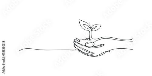 Hand holding seedling sprout graphic line