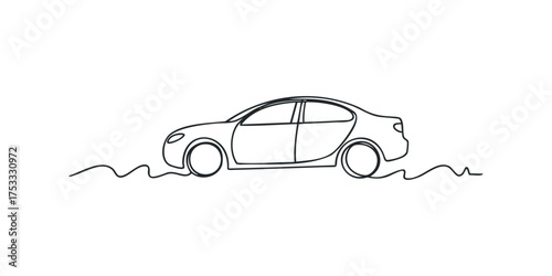 Minimalist sedan car outline on wavy ground line