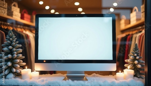Computer monitor in winter-themed retail window display with decor  