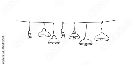 Variety of hanging pendant lights and bulbs drawn in outline