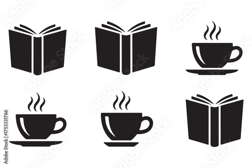 Coffee and book silhouette icon set isolated on white background
