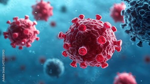 3D Rendering of Red Viral Particles on Blue Background