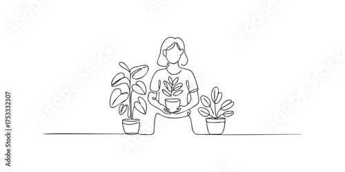 Person tending potted plants in a simple line drawing style