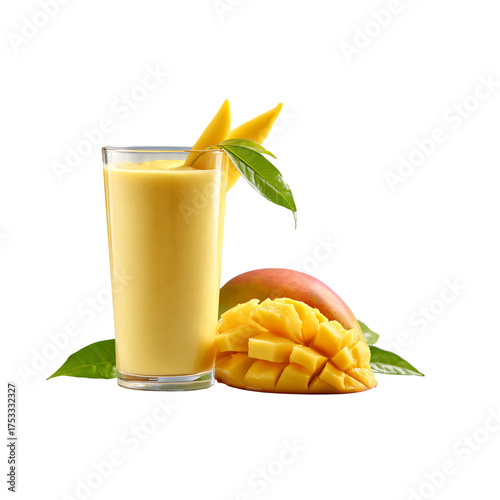 Fresh mango smoothie with vibrant fruit slices and leaves, perfect for healthy eating, tropical vibes, and delicious refreshment