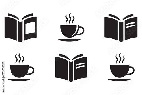 Coffee and book silhouette icon set isolated on white background
