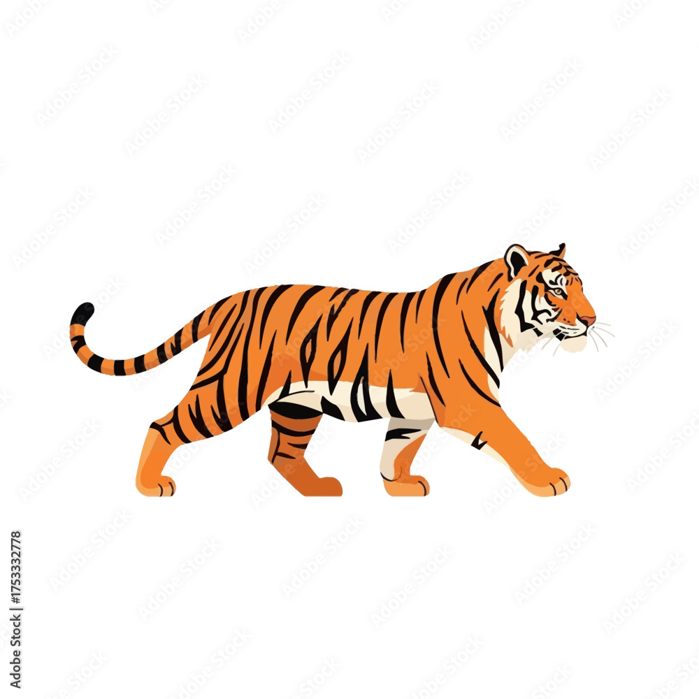 Obraz premium Walking Tiger Illustration on White Background, Cartoon Bengal Tiger