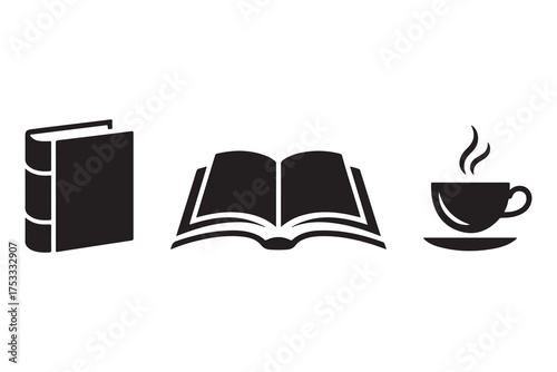 Coffee and book silhouette icon set isolated on white background
