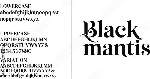 Black Mantis Font with Uppercase Lowercase and Number Variations on White