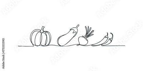 Continuous line drawing of fresh vegetables on white background