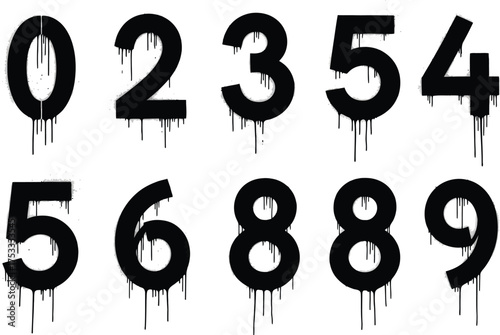 Black Numbers Drips from Zero to Nine on White Background with Artistic Paint