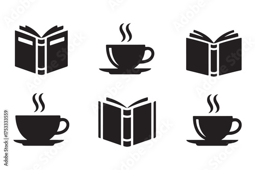 Coffee and book silhouette icon set isolated on white background
