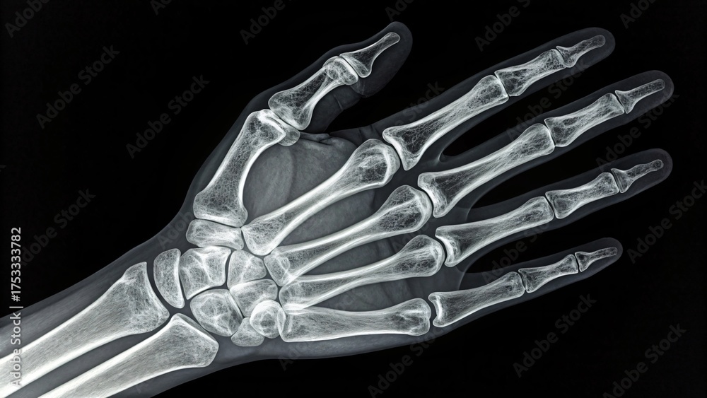 Naklejka premium Detailed X ray image showcasing the articulated bones of a human hand and wrist against a dark background