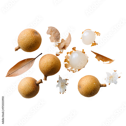 Exotic longan fruit arrangement with leaves and blossoms, perfect for culinary, health, and wellness concepts, fresh and vibrant