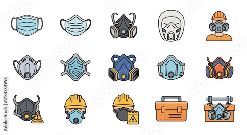 Collection of various protective masks and safety equipment, including respirators and hard hats, displayed in a flat illustration.
