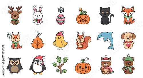 Collection of twenty cute cartoon animal and object icons, including a deer, rabbit, cat, fox, squirrel, owl, penguin, and pumpkins.