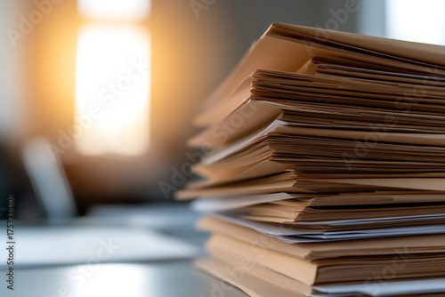 A stack of tan file folders overflowing with documents, symbolizing paperwork, organization, and information management in a warm, office-like setting.