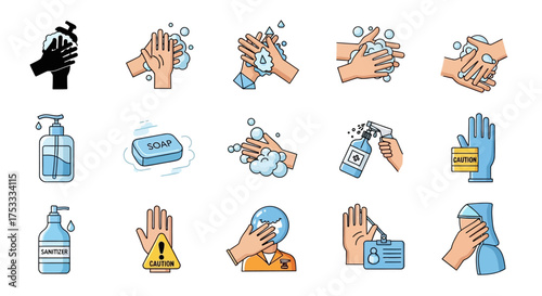Illustrations depicting various hand hygiene practices, including washing and sanitizing, for health.