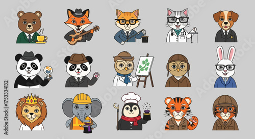 Cartoon animals dressed in various professions and roles, including a doctor, artist, musician, king, chef, and detective, against a gray background.