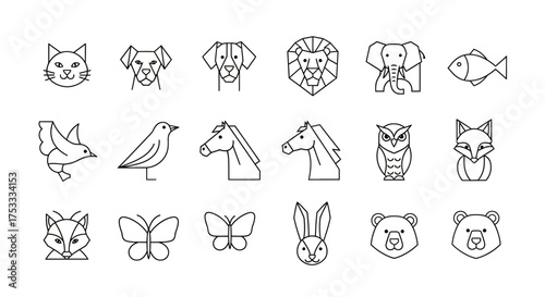 Collection of minimalist line art animal icons, including a cat, dogs, lion, elephant, fish, birds, horses, owl, fox, butterflies, and bears.