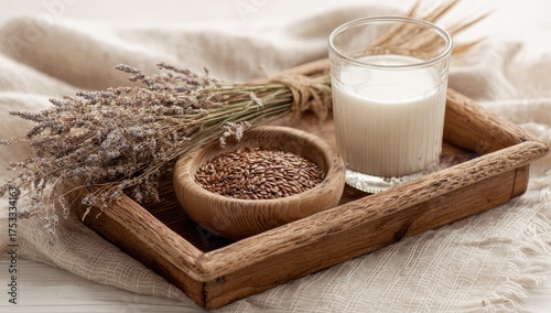 Arrangement of milk flax seeds and lavender on a wooden tray