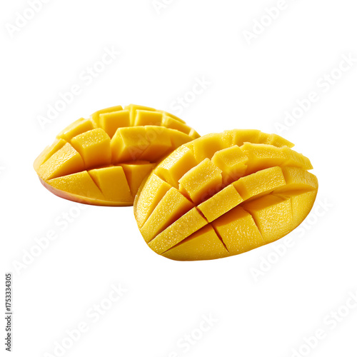 Fresh, juicy mango halves, perfectly diced for a vibrant and healthy snack, ideal for food blogs or recipe books.