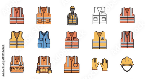 Collection of safety vests and construction worker attire including gloves and a hard hat, presented as vector icons.
