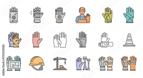 Collection of illustrated icons representing various types of protective gloves and construction elements.