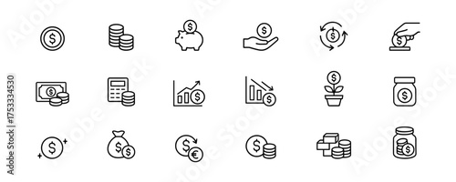 Set of Financial Line Icons in Black Outline Style