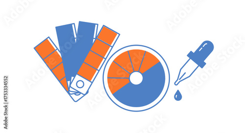 Illustration of color swatches, a color wheel, and a dropper with a falling drop, all in blue and orange hues.