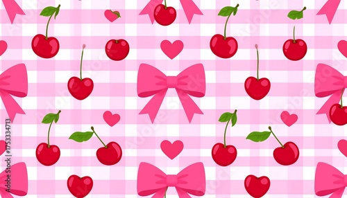 A repeating pattern featuring vibrant red cherries with green stems, pink bows, and hearts, set on a pink and white checkered background