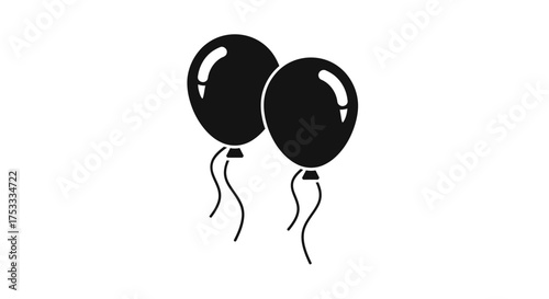 Two black balloons float upwards, attached by strings, against a stark white background.