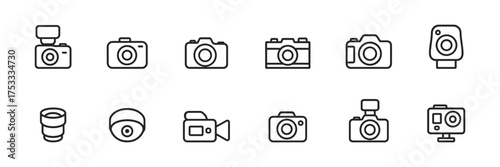 Set of black outline camera icons in minimalist style